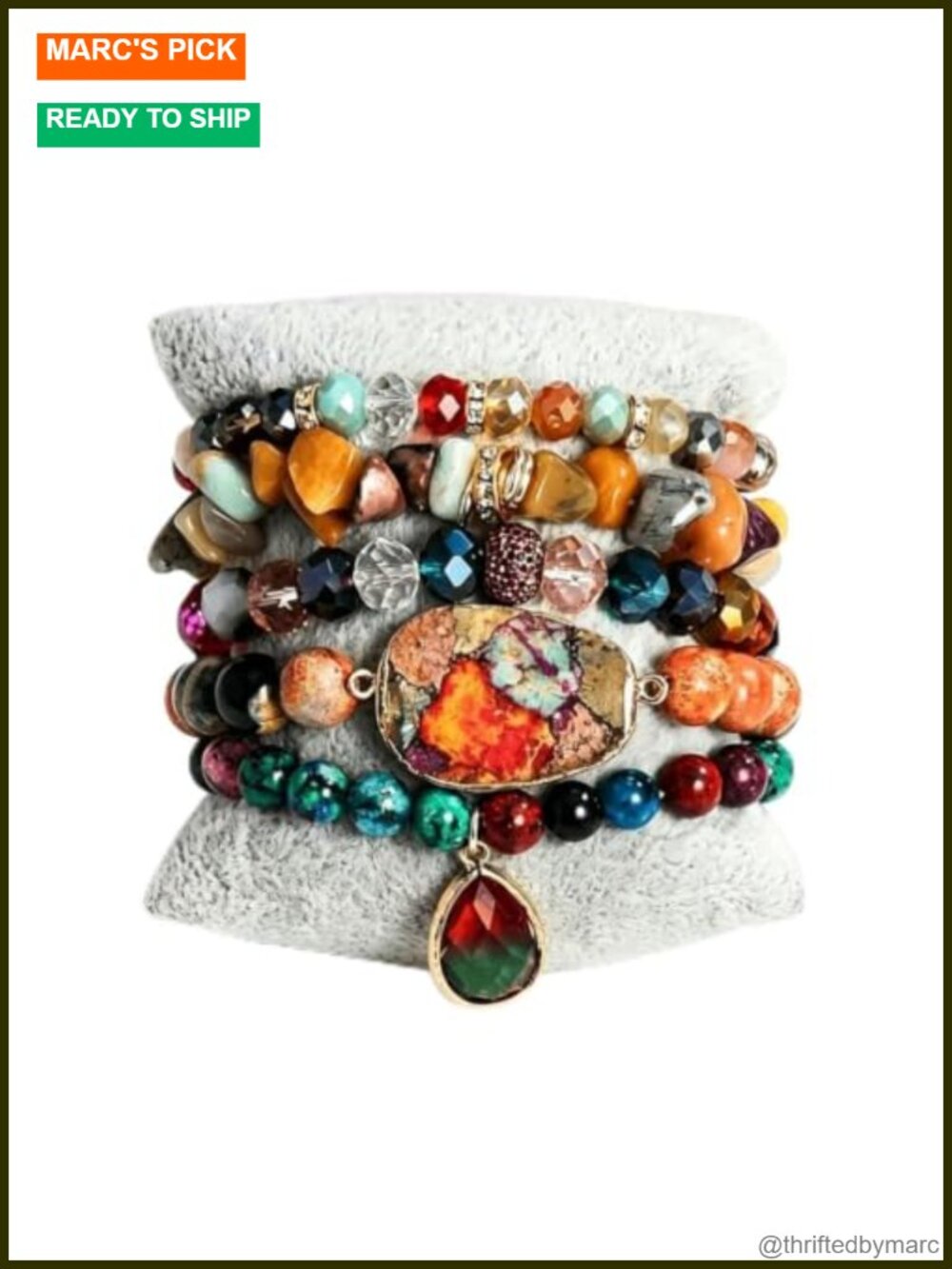 Natural Stone Beaded Stackable Bracelet Set 5 Pcs Boho Elastic